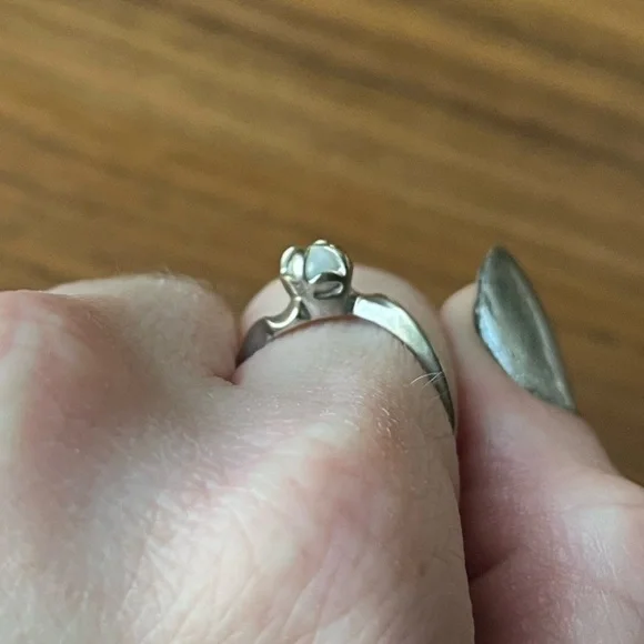 Vintage or Antique Minimalist 10K White Gold and Pale Blue Opal (?) Stone Ring